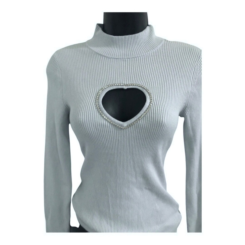 Guess Mia blue heart shaped rhinestone cz trim front cutout mockneck sweater